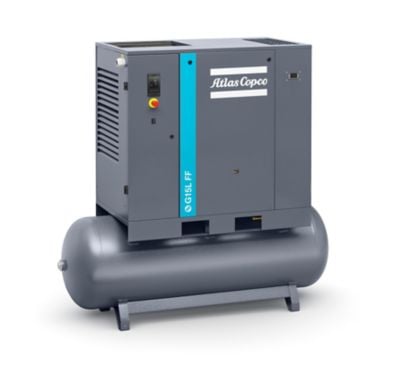 Atlas Copco 8153335565 Schraubenkompressor, 400 V / 50 Hz, öleingespritzt, luftgekühlt, Kältetrockner integriert, auf Behälter