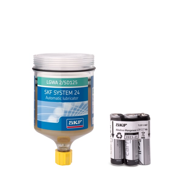 SKF LGWA 2/SD125 Påfyldningspatron fyldt med fedt LGWA 2, 125 ml, med batteri, til elektromekaniske enkeltpunktssmørere TLSD/TLDD - Bild 1