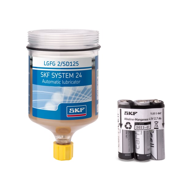 SKF LGFG 2/SD125 Påfyldningspatron fyldt med fedt LGFG 2, 125 ml, med batteri, til elektromekaniske enkeltpunktssmørere TLSD/TLDD - Bild 1