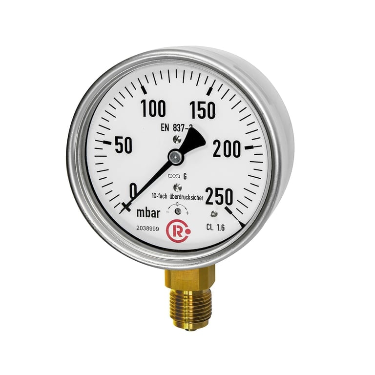 Riegler 199271 Kapselfedermanometer, CrNi-Stahl, G1/4 radial unten, 0-60mbar,Ø63